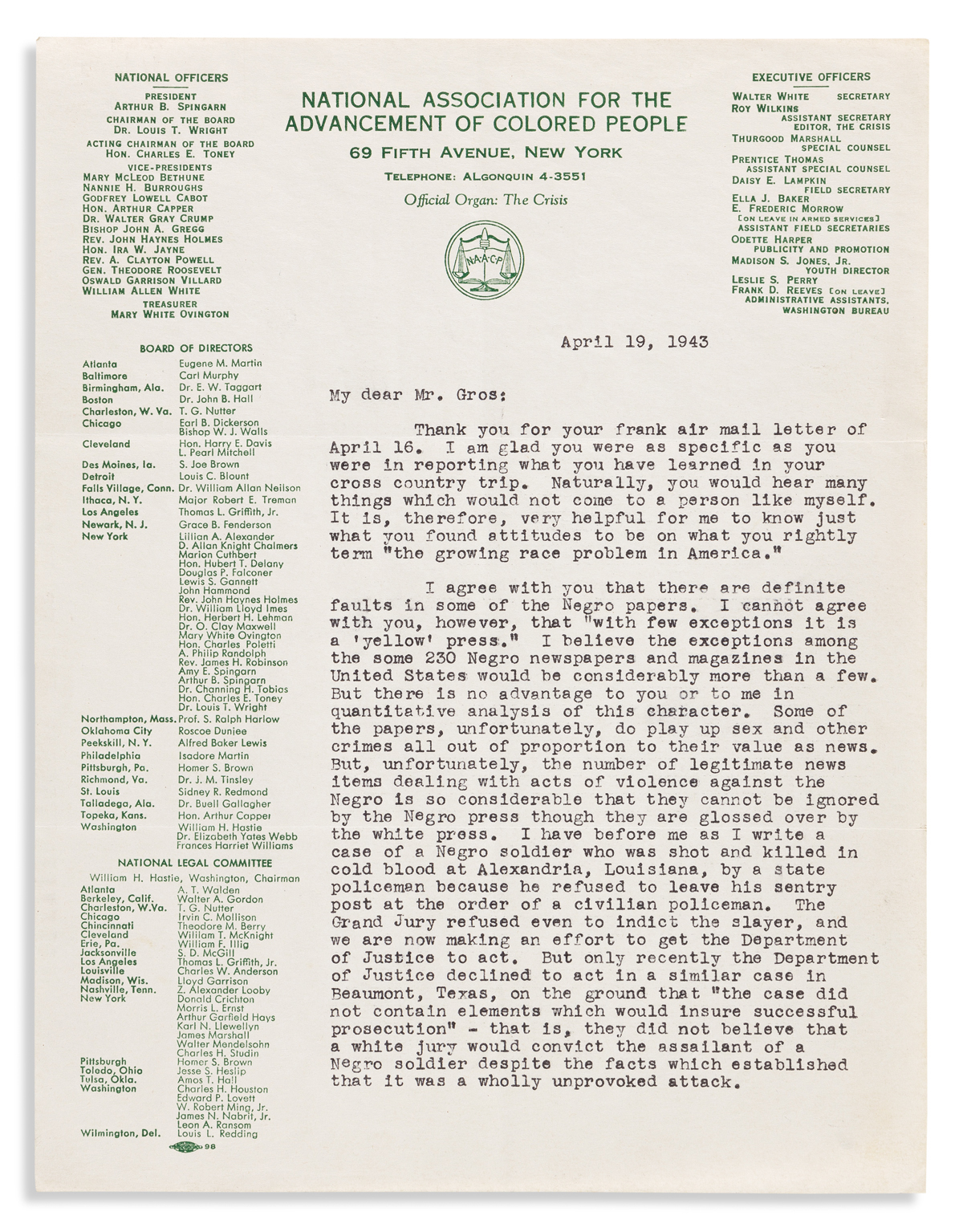 (CIVIL RIGHTS.) Correspondence between NAACP leader Walter White and a white journalist, debating the merits of the Negro press.